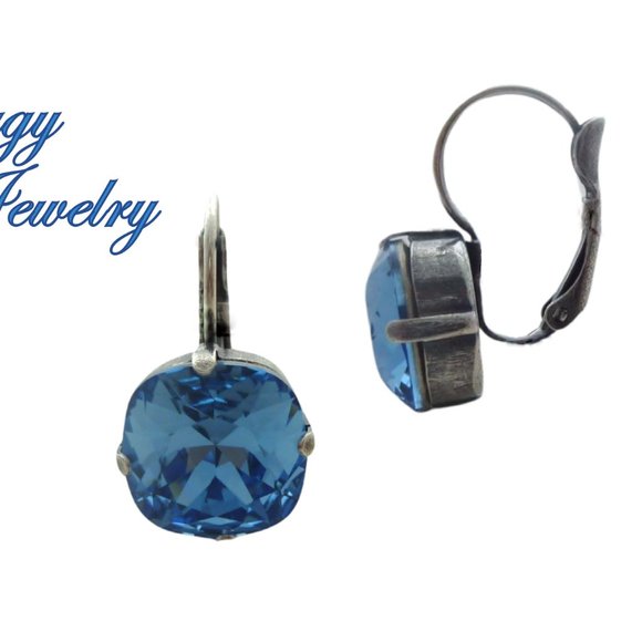 ICE BLUE Cushion Cut Crystal Solitaire Earrings made with Austrian Crystals - Picture 5 of 7